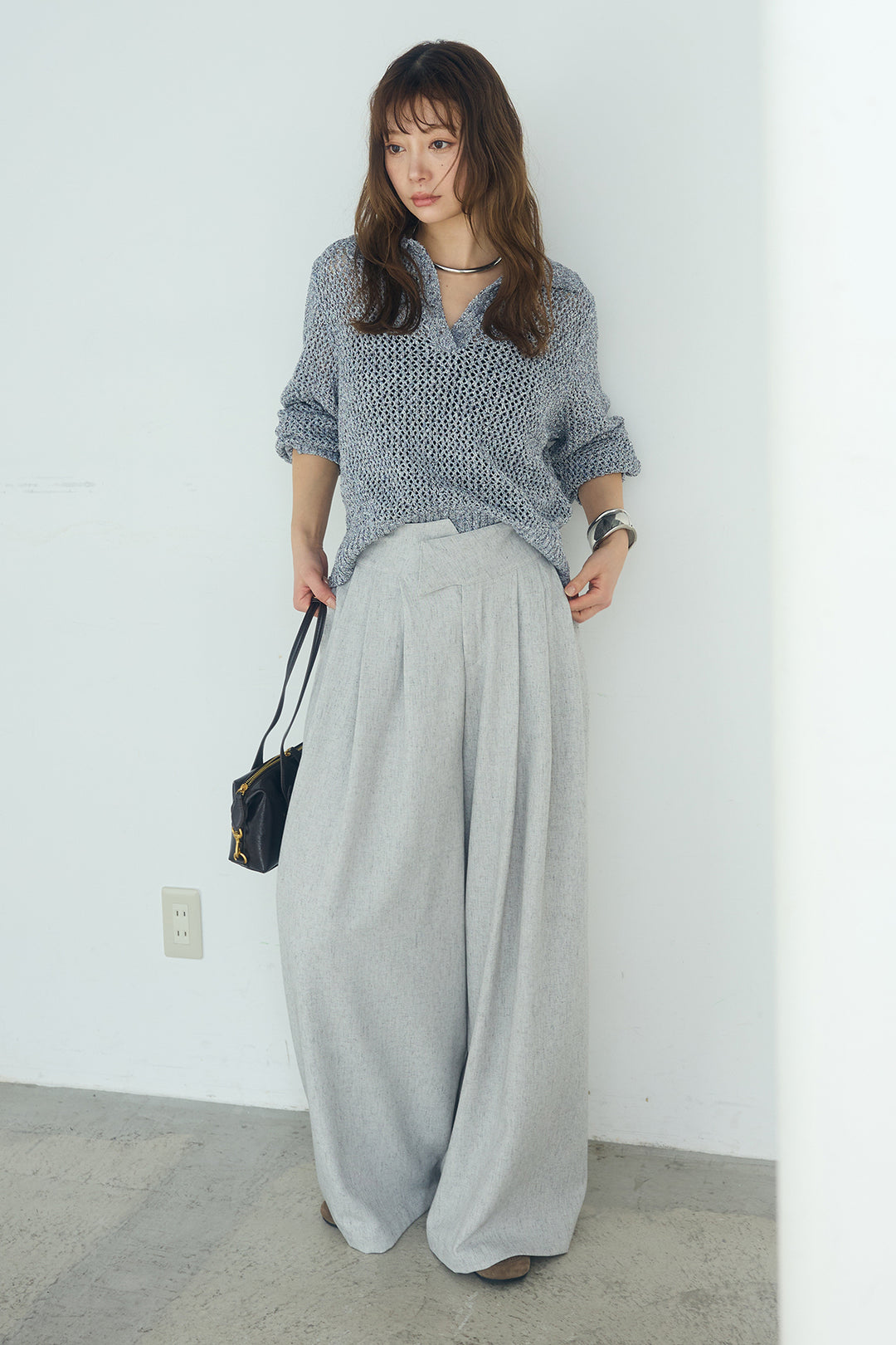 [SET]ミックスメッシュポロニット+麻混タックワイドパンツ(2set)