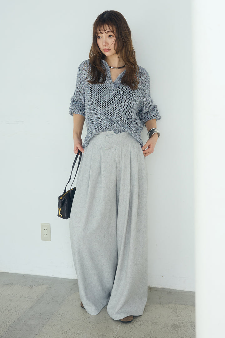 [SET]ミックスメッシュポロニット+麻混タックワイドパンツ(2set)