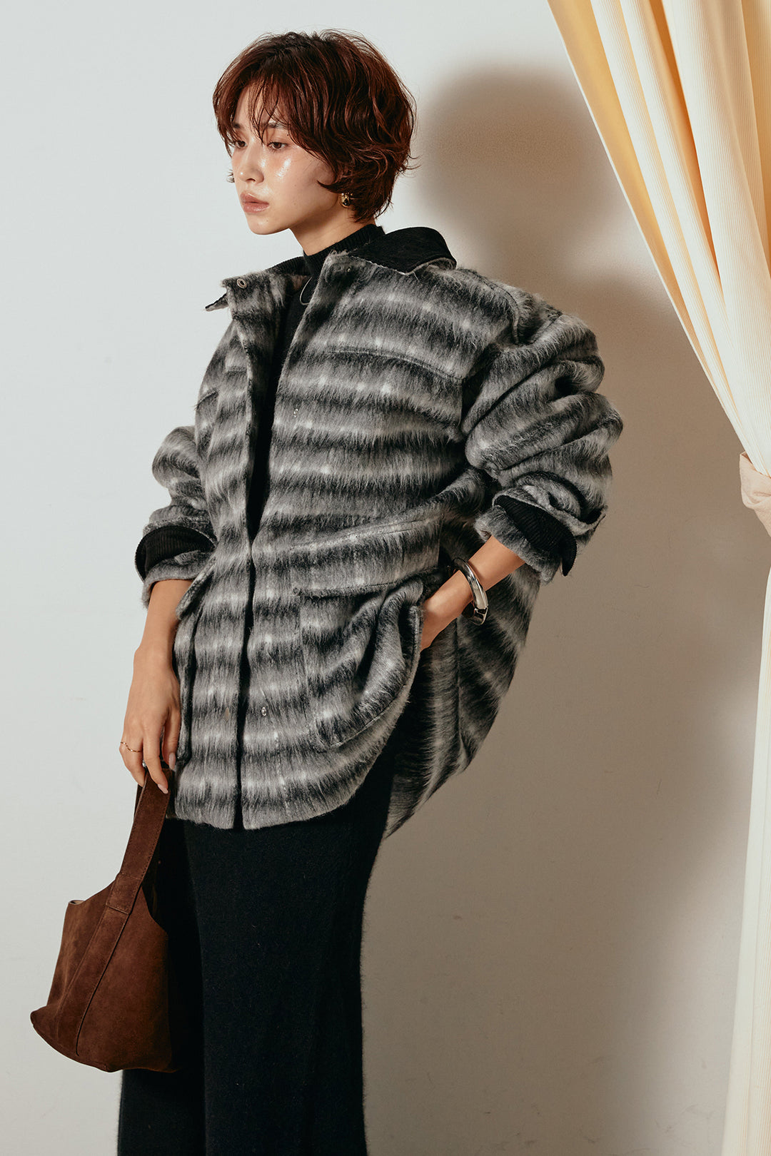 [SET]チェックシャギーミドルカバーオール+ノースリーブニットロングワンピース(2set)