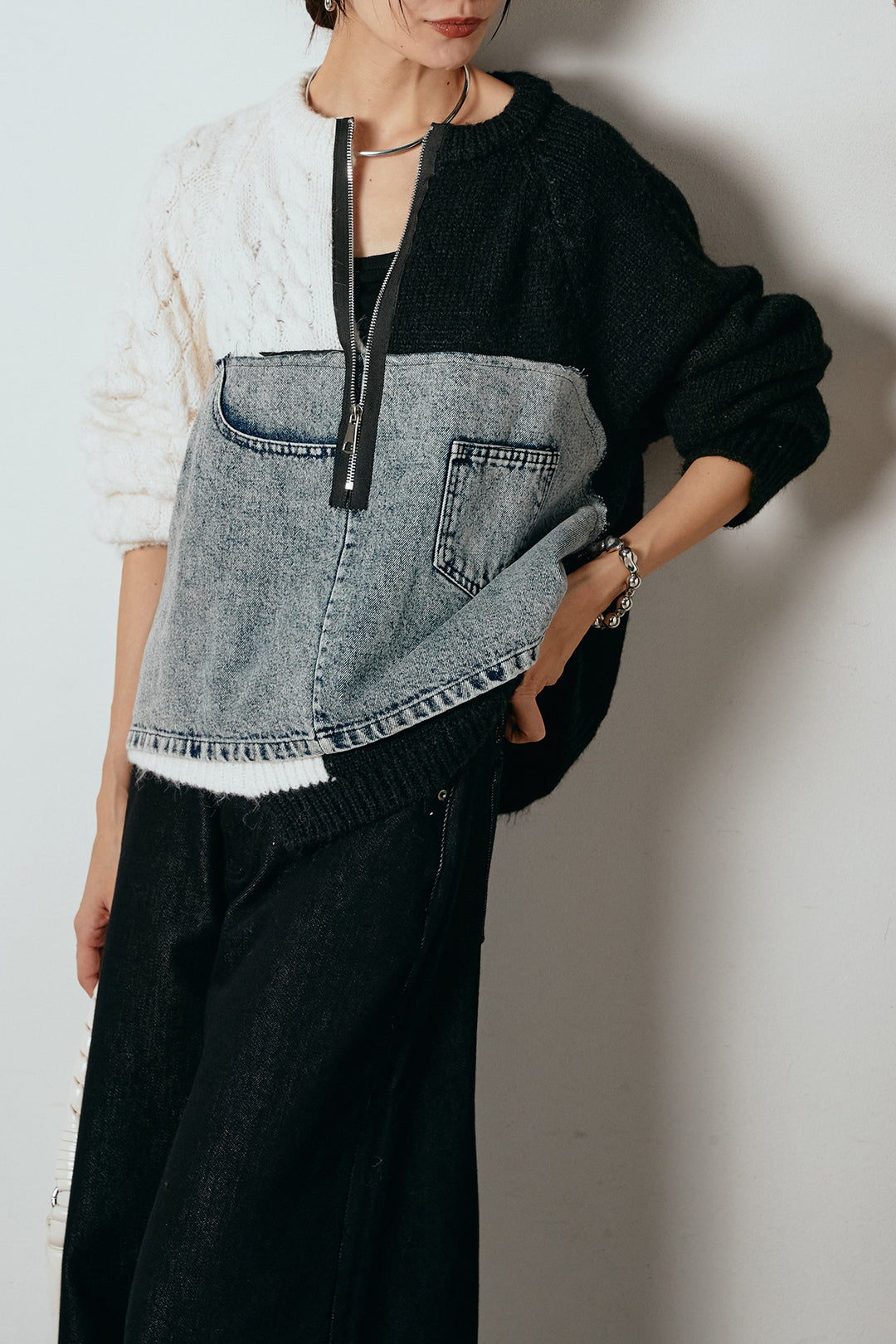 [SET]ハーフジップニットデニムドッキングトップス+ウエストダブルボタンワイドデニムパンツ(2set)