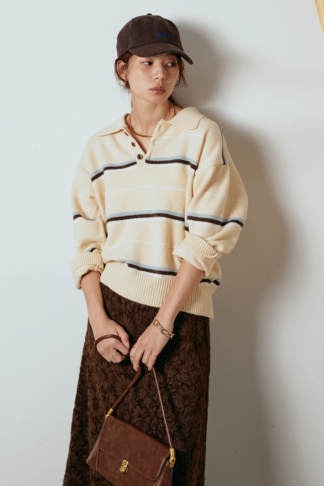 [SET]襟付きマルチボーダーニットポロトップス+花柄刺繍ベロアフレアスカート(2set)