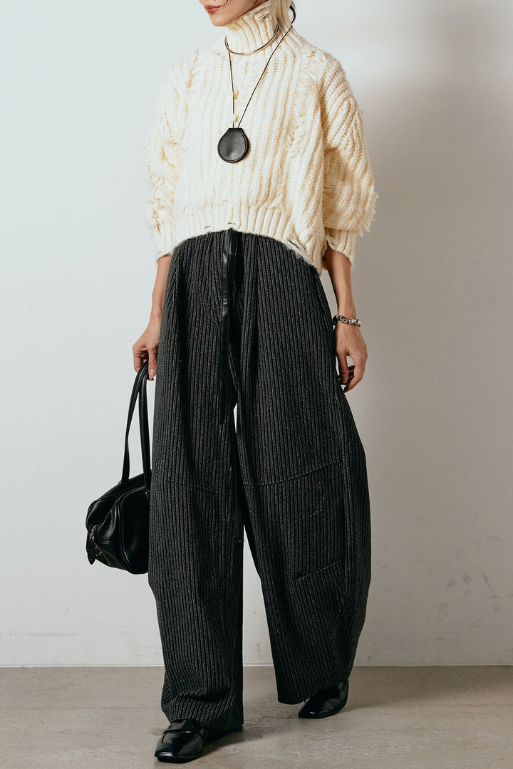 [SET]フリンジタートルショートニット+レザーライク配色ストライプパンツ(2set)