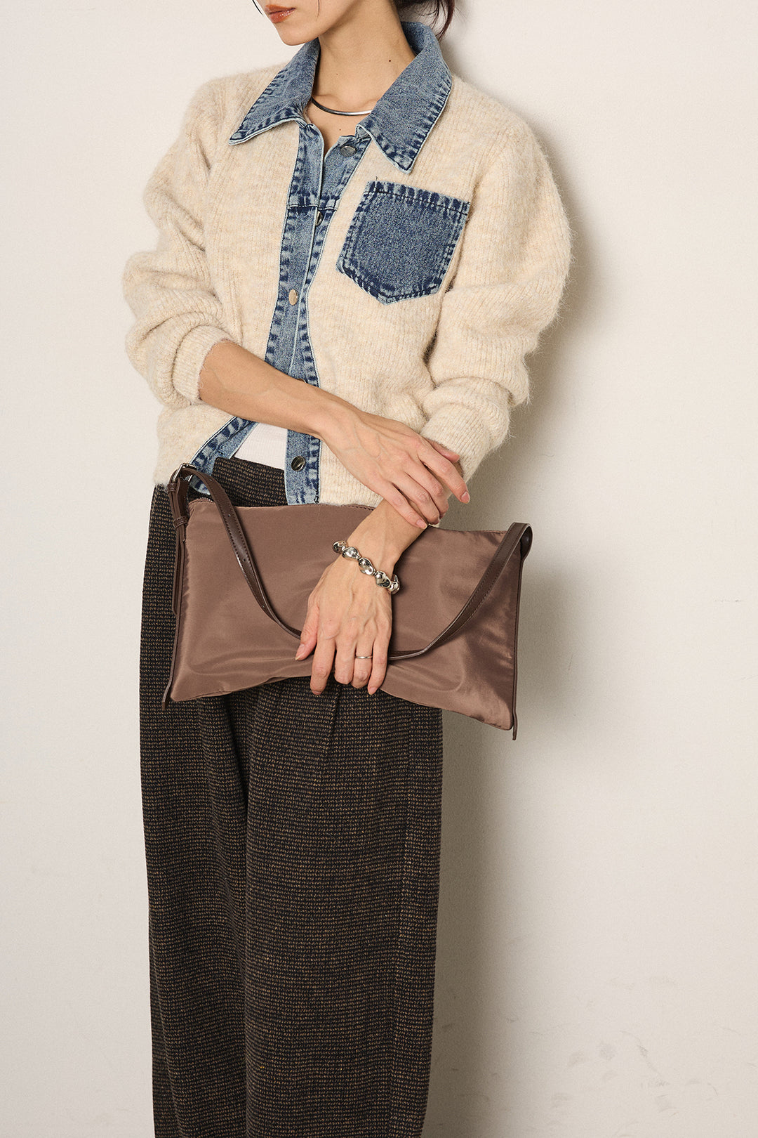 [SET]襟付きデニム切替ニットカーディガン+起毛タック入りツイードワイドパンツ(2set)