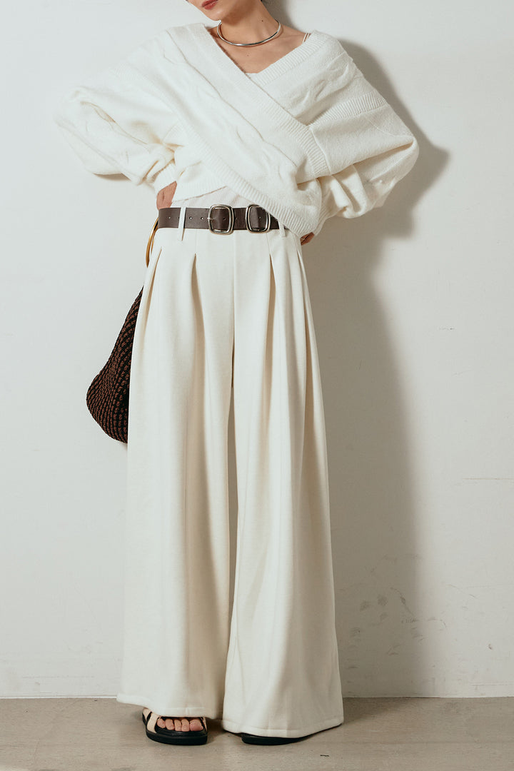 [SET]ケーブルカシュクールニットトップス+フェイクレザー太ベルト付きタックワイドパンツ(2set)