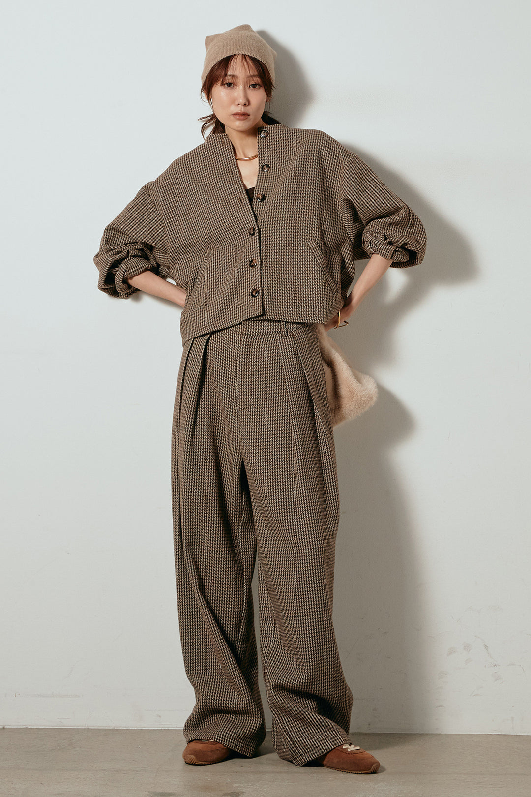 [SET]ノーカラーガンクラブチェックジャケット+ガンクラブチェックタックパンツ(2set)