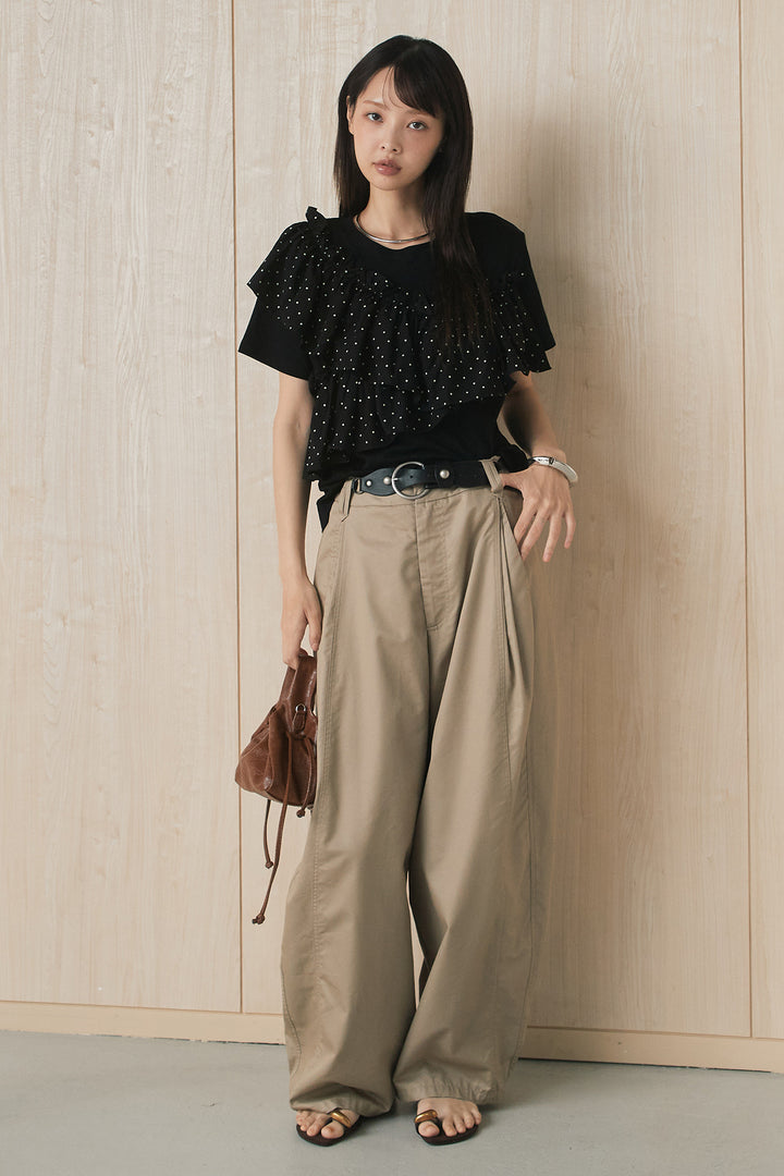 [SET]ドットアシメフリルデザインTシャツ+サークルバックルベルト付きタックワイドパンツ(2set)