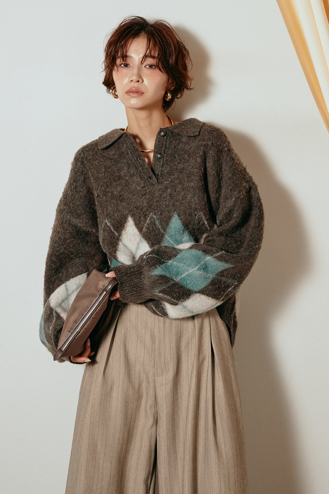 [SET]アーガイル柄ポロニットトップス+ストライプヘリンボーンパンツ(2set)