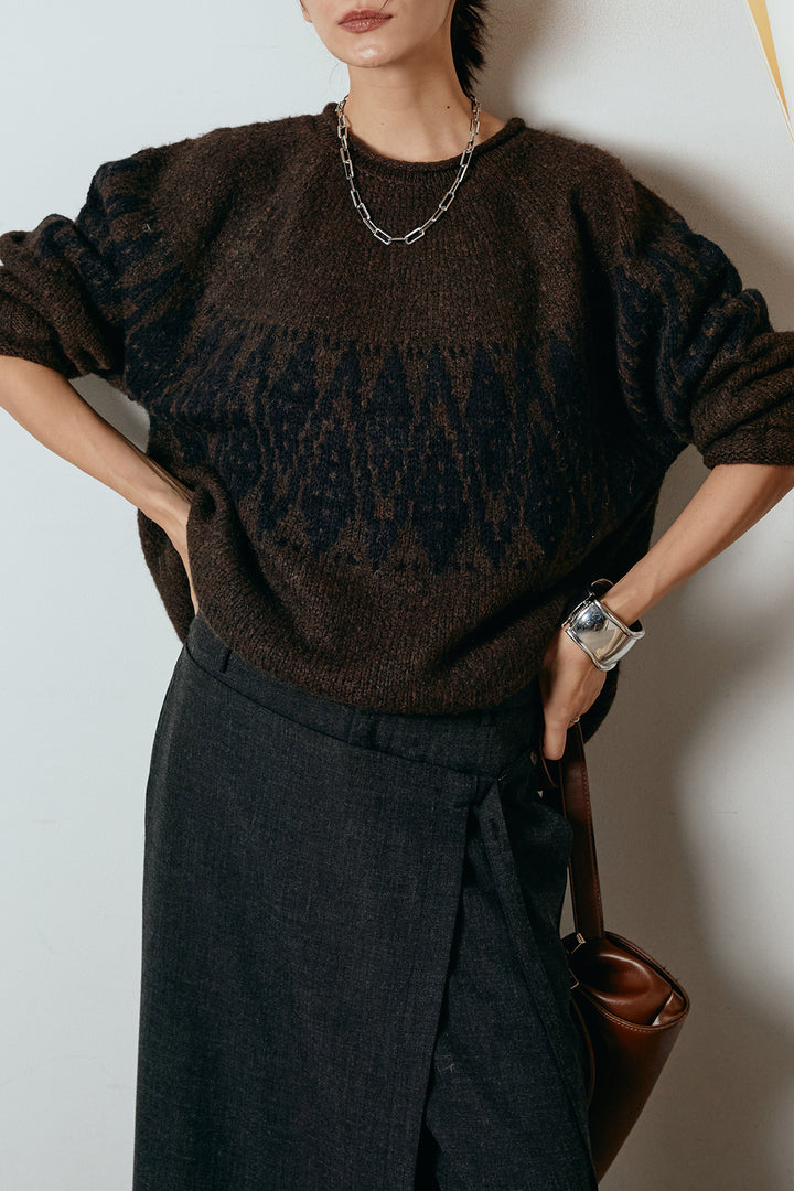 [SET]モノトーン柄ニットトップス+ラップ巻きワイドスラックス(2set)