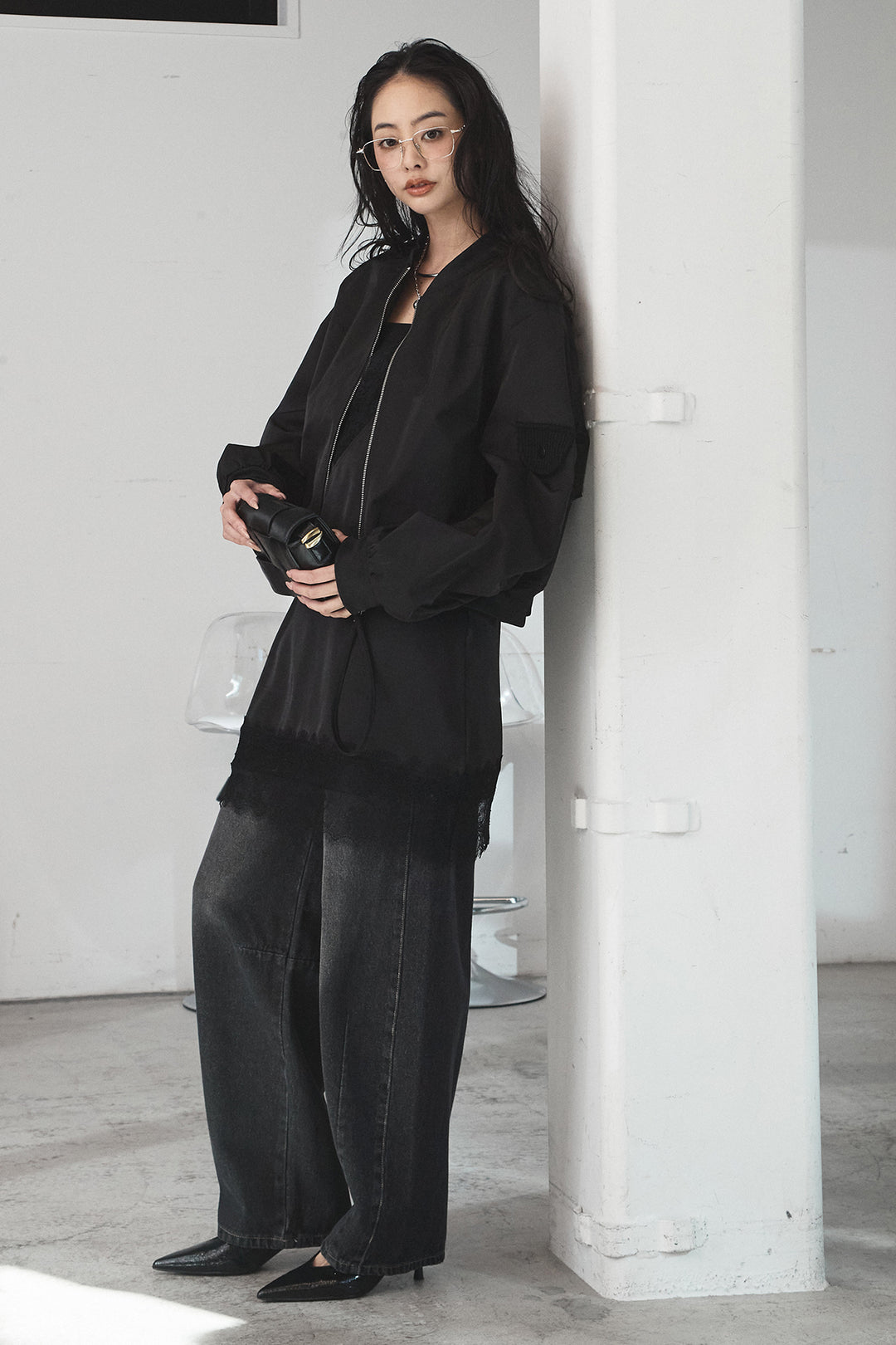 [SET]袖ギャザーデザインブルゾン+デニムアシメカーブパンツ(2set)