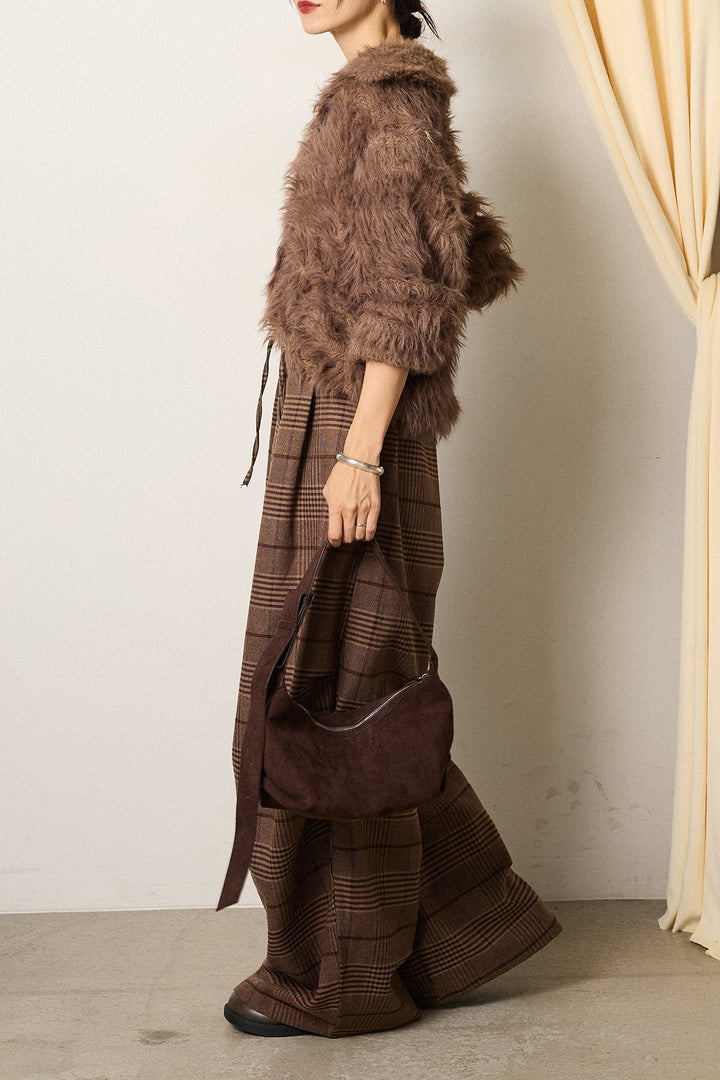 [SET]襟付きシャギーニットカーディガン+グレンチェックルーズタックパンツ(2set)