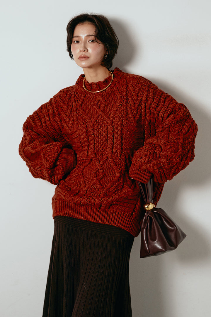 [SET]アラン柄ミックスケーブルニット+編み地切り替えフレアニットスカート(2set)