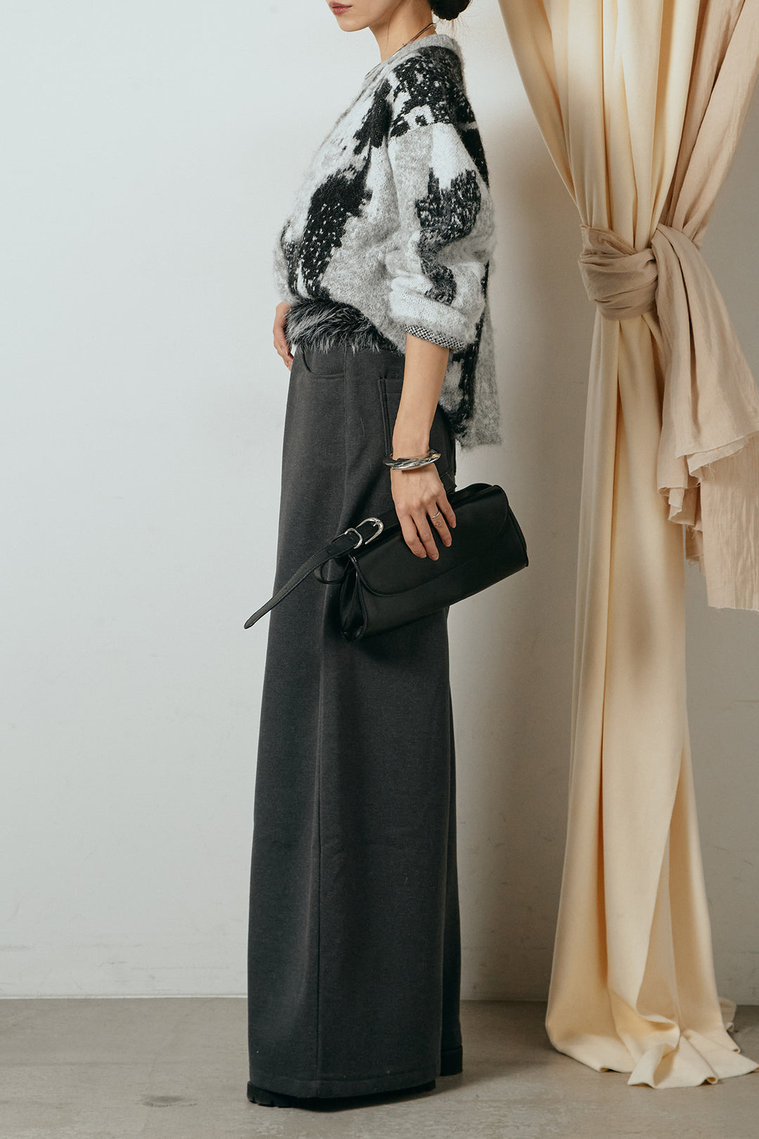[SET]起毛ニュアンス柄ニットプルオーバー+ファーベルト付きワイドパンツ(2set)