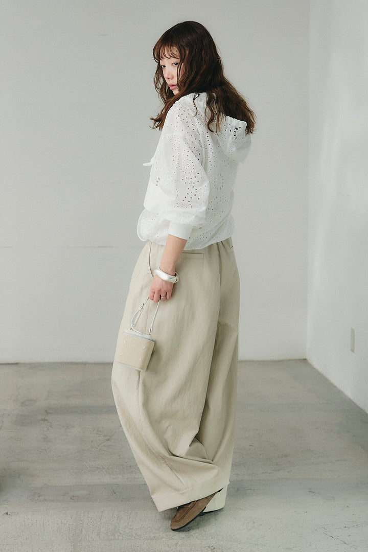 [SET]レースハーフジップアップフーディー+フェイクレザーカーブワイドパンツ(2set)