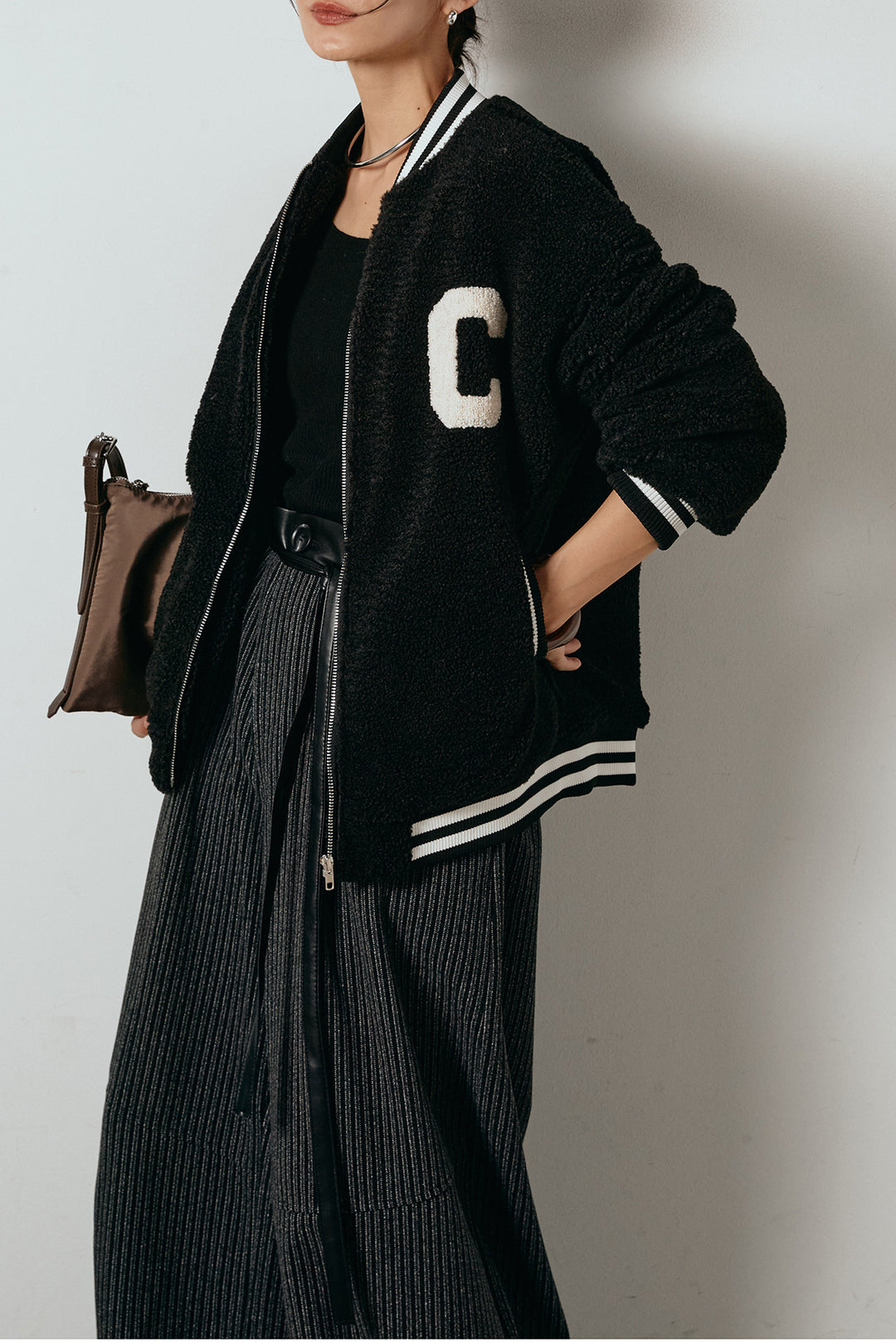 [SET]ロゴスタジャンボアブルゾン+レザーライク配色ストライプパンツ(2set)