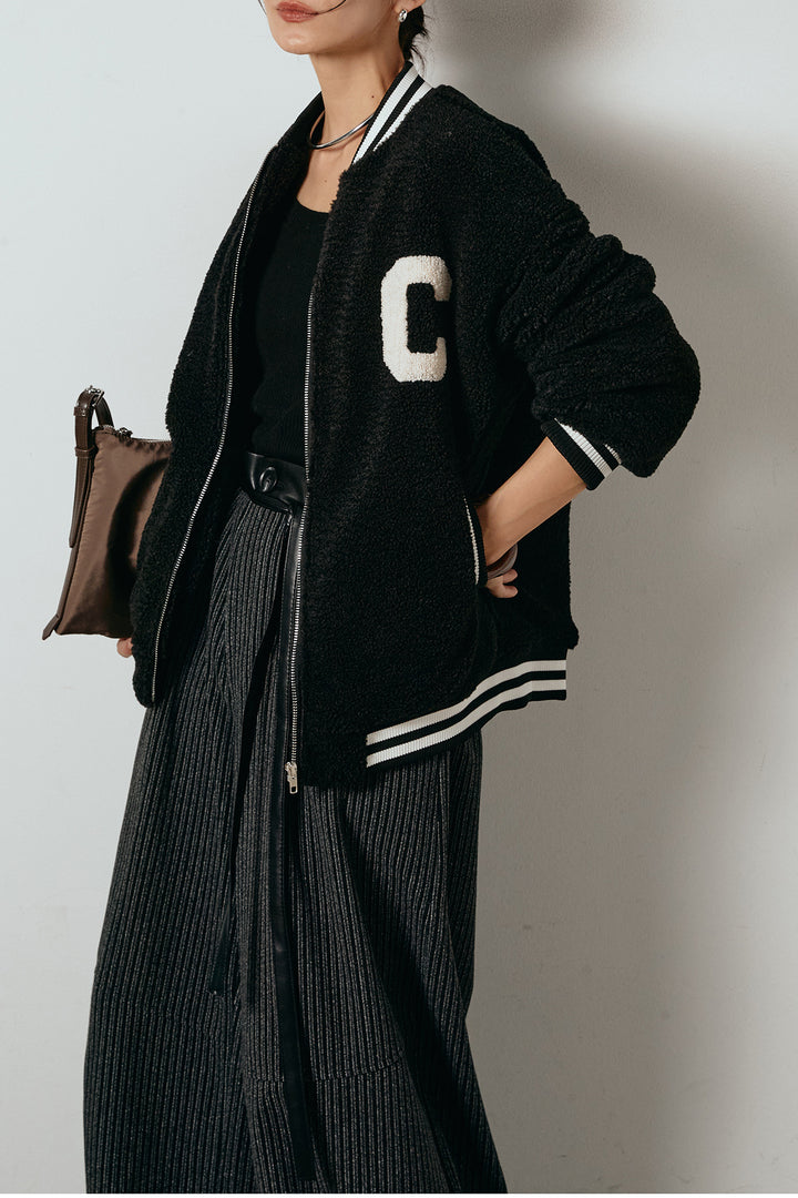 [SET]ロゴスタジャンボアブルゾン+レザーライク配色ストライプパンツ(2set)