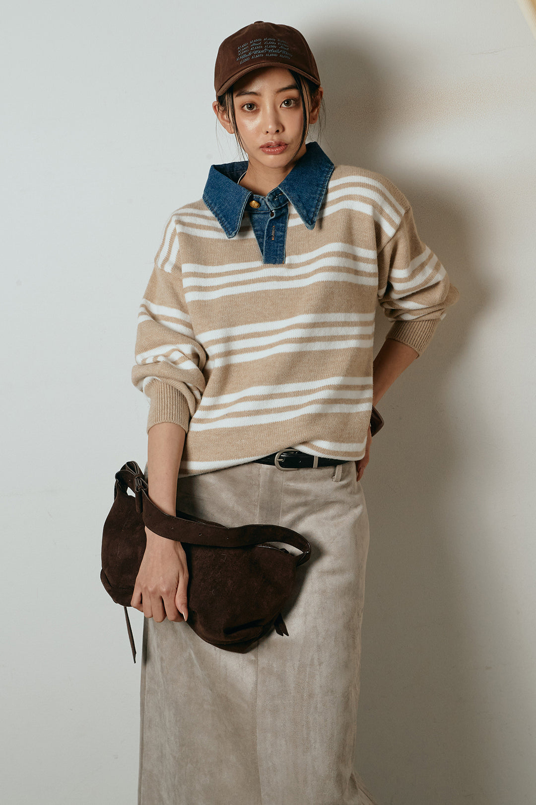 [SET]デニムレイヤード風ランダムボーダーニットプルオーバー+エコスウェードワイドスカート(2set)