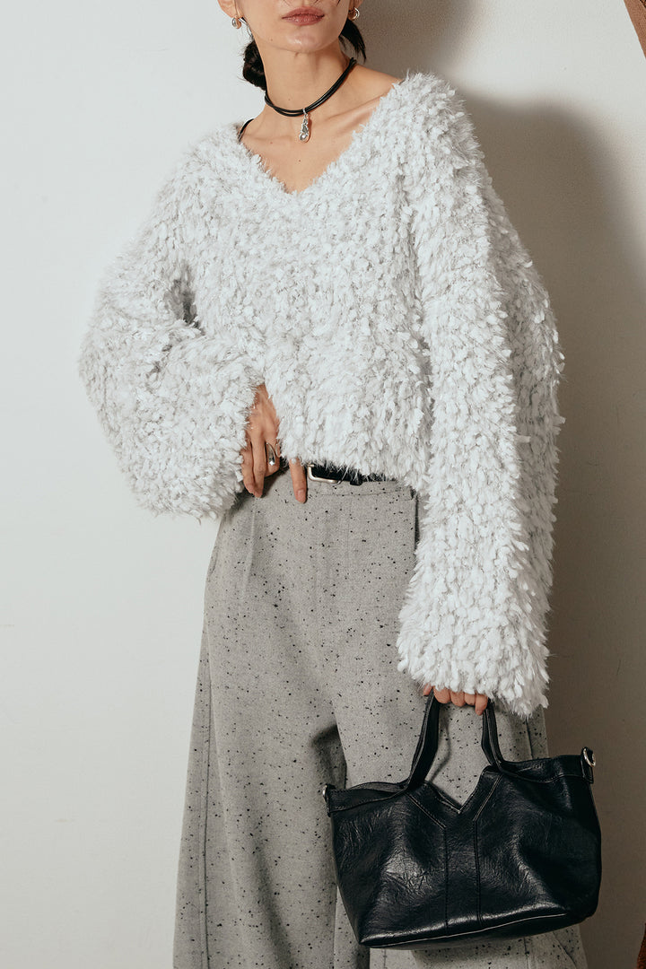 [SET]深Vネックチョウチョヤーンニットトップス+ベルト付きネップツイードカーブパンツ(2set)