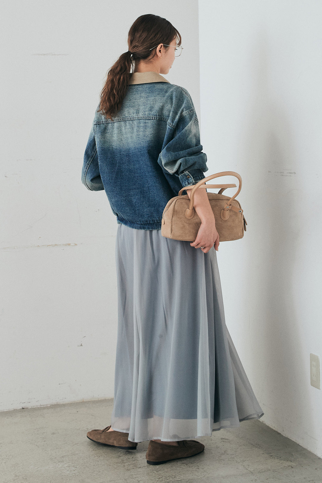 [SET]襟切り替えジップデニムジャケット+リラックスシアーフレアスカート(2set)