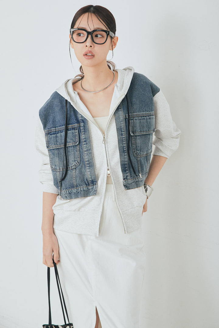 [SET]デニム切替ポンチダブルジップパーカー+裾レースデザインデニムスカート(2set)