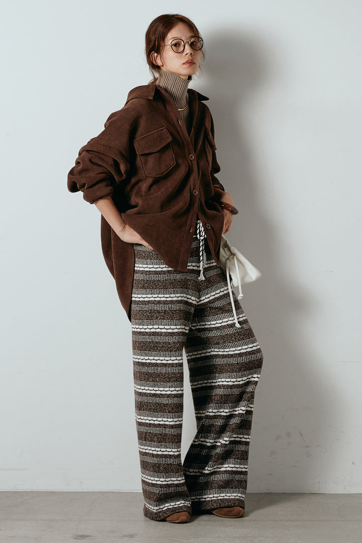 [SET]襟付きコーデュロイポケットシャツ+マルチライン柄リラックスニットパンツ(2set)