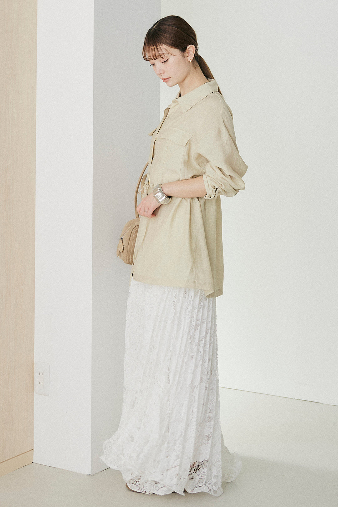 [SET]リネンブレンドシアーサファリシャツ+リラックスプリーツスカート(2set)