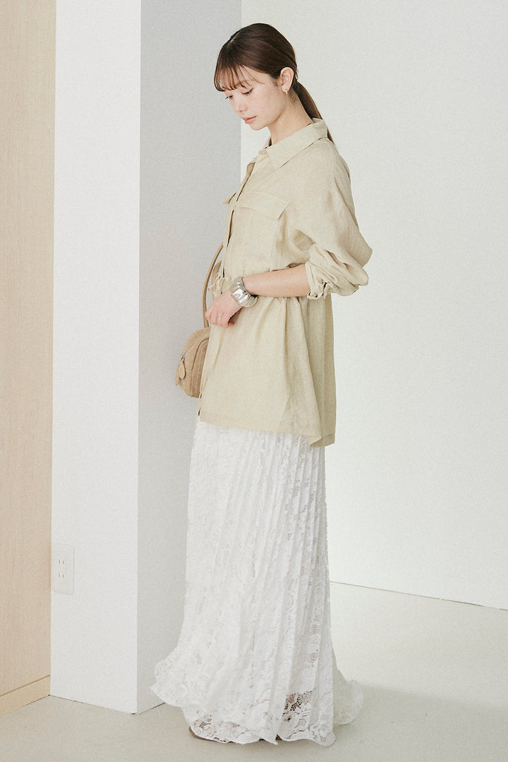 [SET]リネンブレンドシアーサファリシャツ+リラックスプリーツスカート(2set)