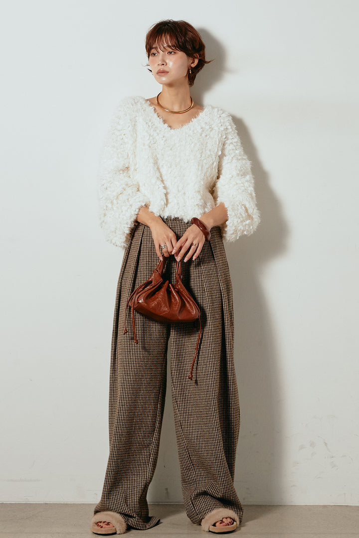 [SET]深Vネックチョウチョヤーンニットトップス+ガンクラブチェックタックパンツ(2set)