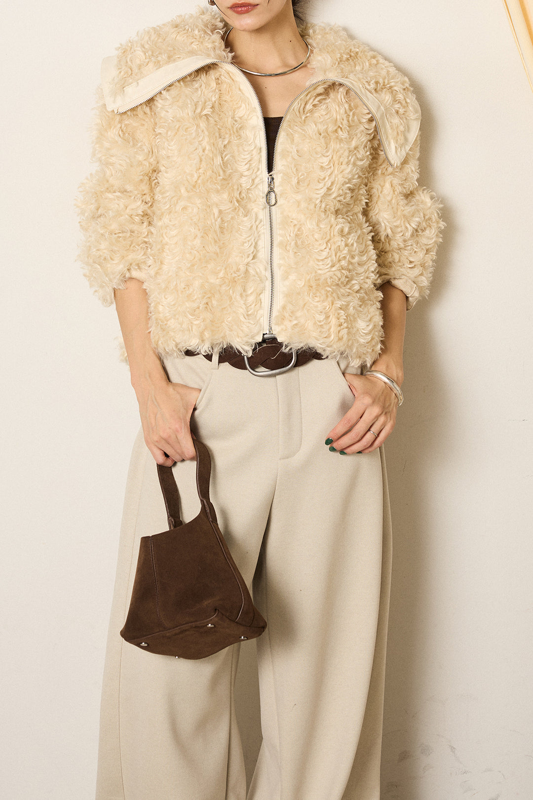 [SET]ビッグカラープードルボアアウター+編みベルト付きワイドパンツ(2set)