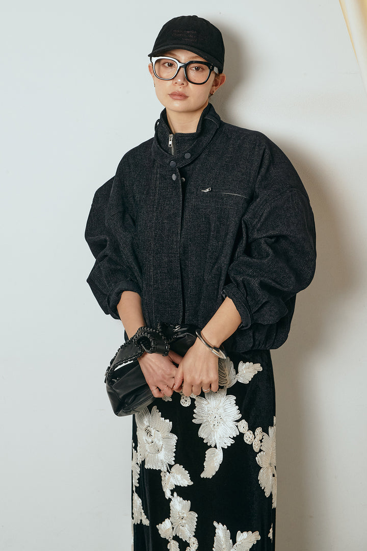 [SET]デニム調ハイネックブルゾン+フラワー刺繍ワイドスカート(2set)