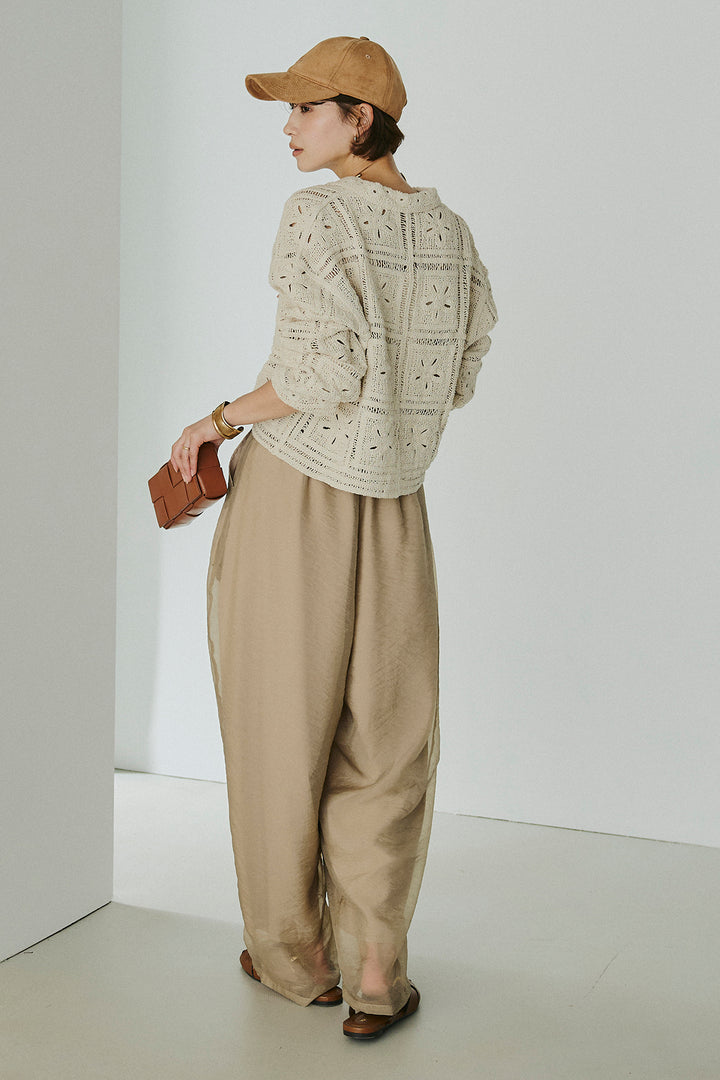 [SET]鍵編みフラワーレースカーディガン+オーガンジータックパンツ(2set)