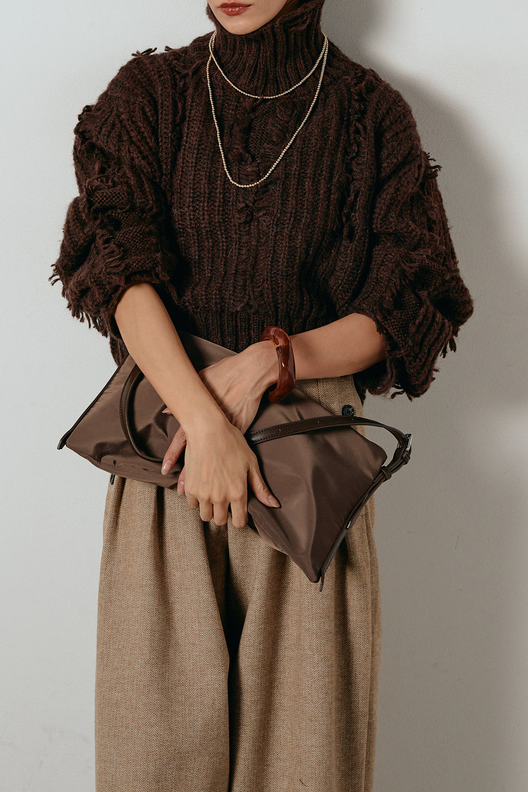 [SET]フリンジタートルショートニット+サイドボタンツイードタックパンツ(2set)