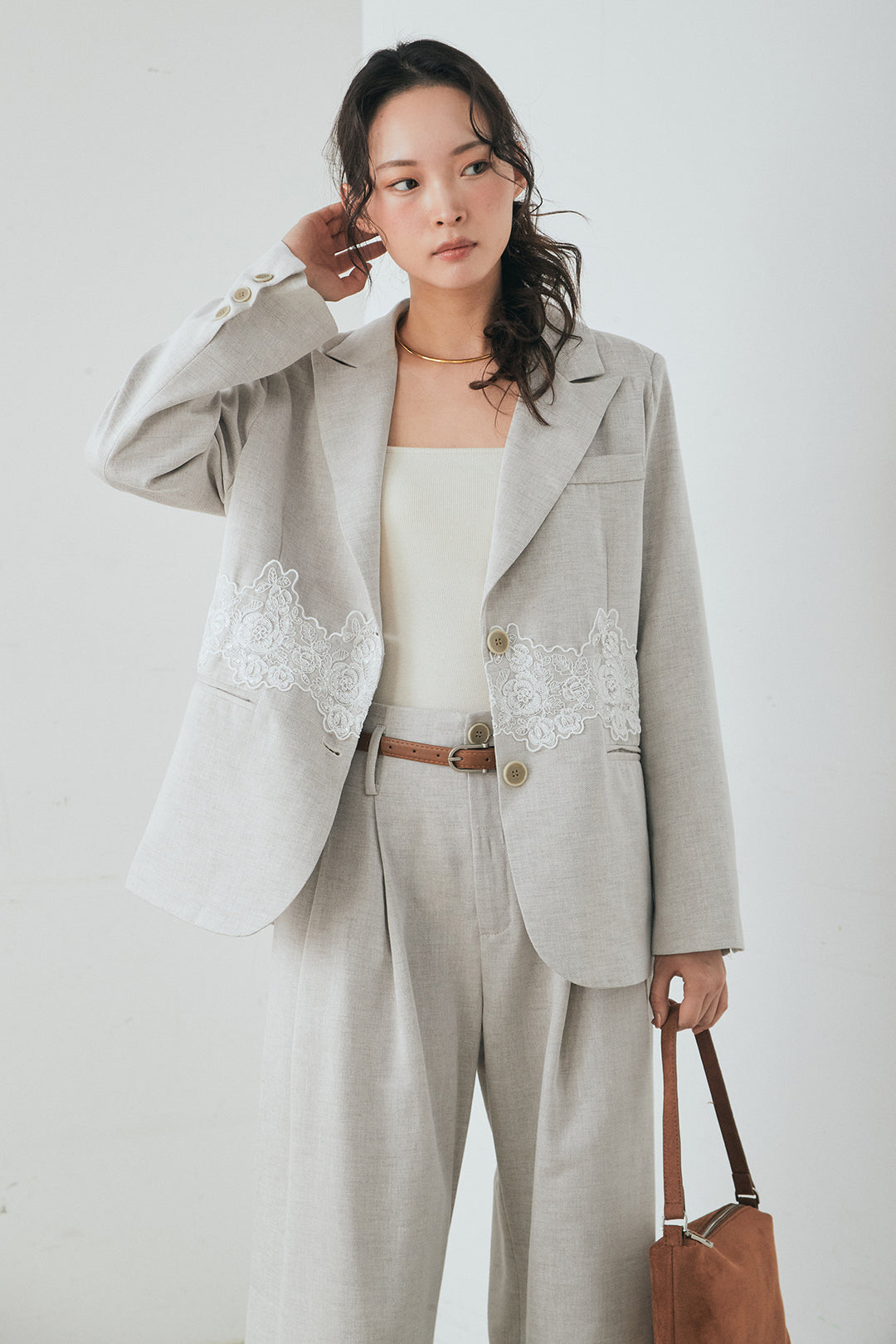 [SET]リネンタッチレースデザインジャケット+リネンタッチ細ベルト付きワイドパンツ(2set)