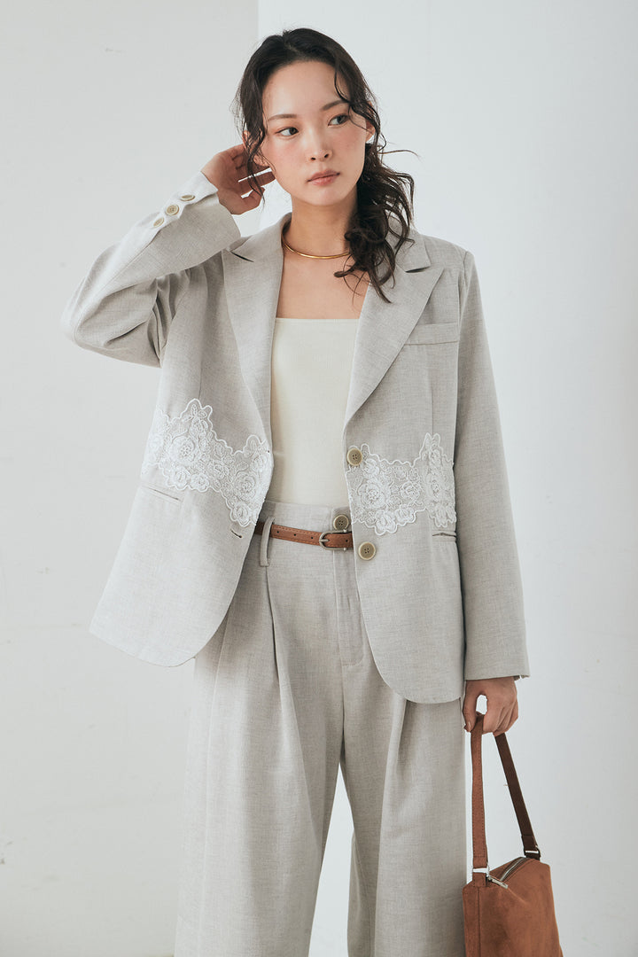 [SET]リネンタッチレースデザインジャケット+リネンタッチ細ベルト付きワイドパンツ(2set)