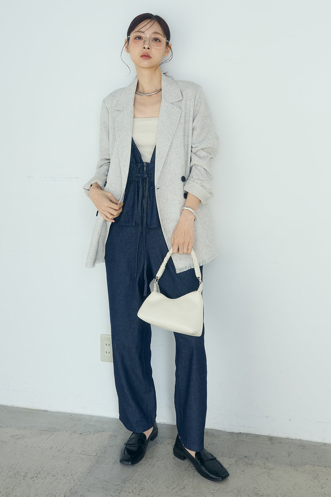 [SET]スラブネップツイードフリンジテーラードジャケット+デニムペプラムコンビネゾン(2set)