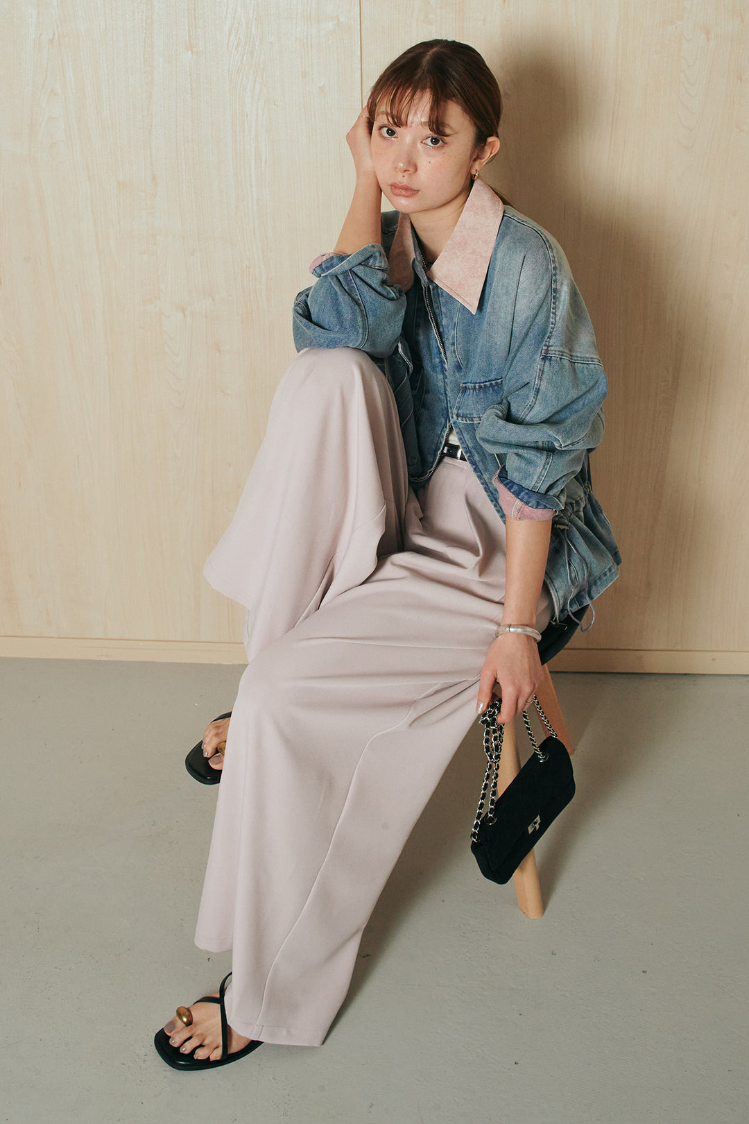 [SET]襟付き配色デニムブルゾン+ビックベルトループタックベルト付きワイドパンツ(2set)