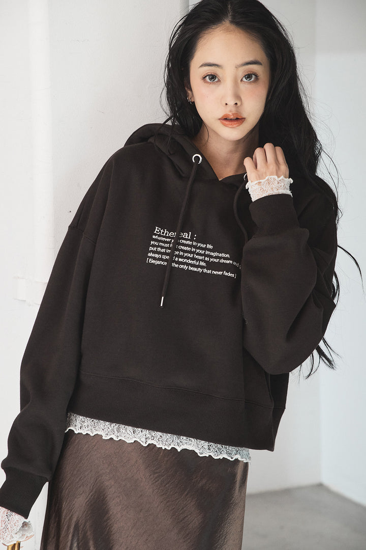 [SET]裏起毛レタリング刺繍フーディショートプルオーバー+裾レースデザインサテンスカート(2set)