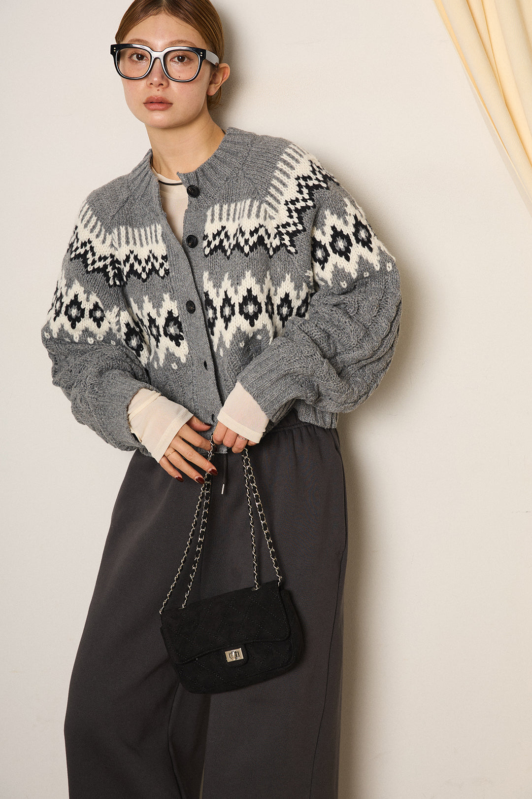 [SET]2WAY求心柄ジャガードショートカーディガン+裏起毛スウェットワイドパンツ(2set)