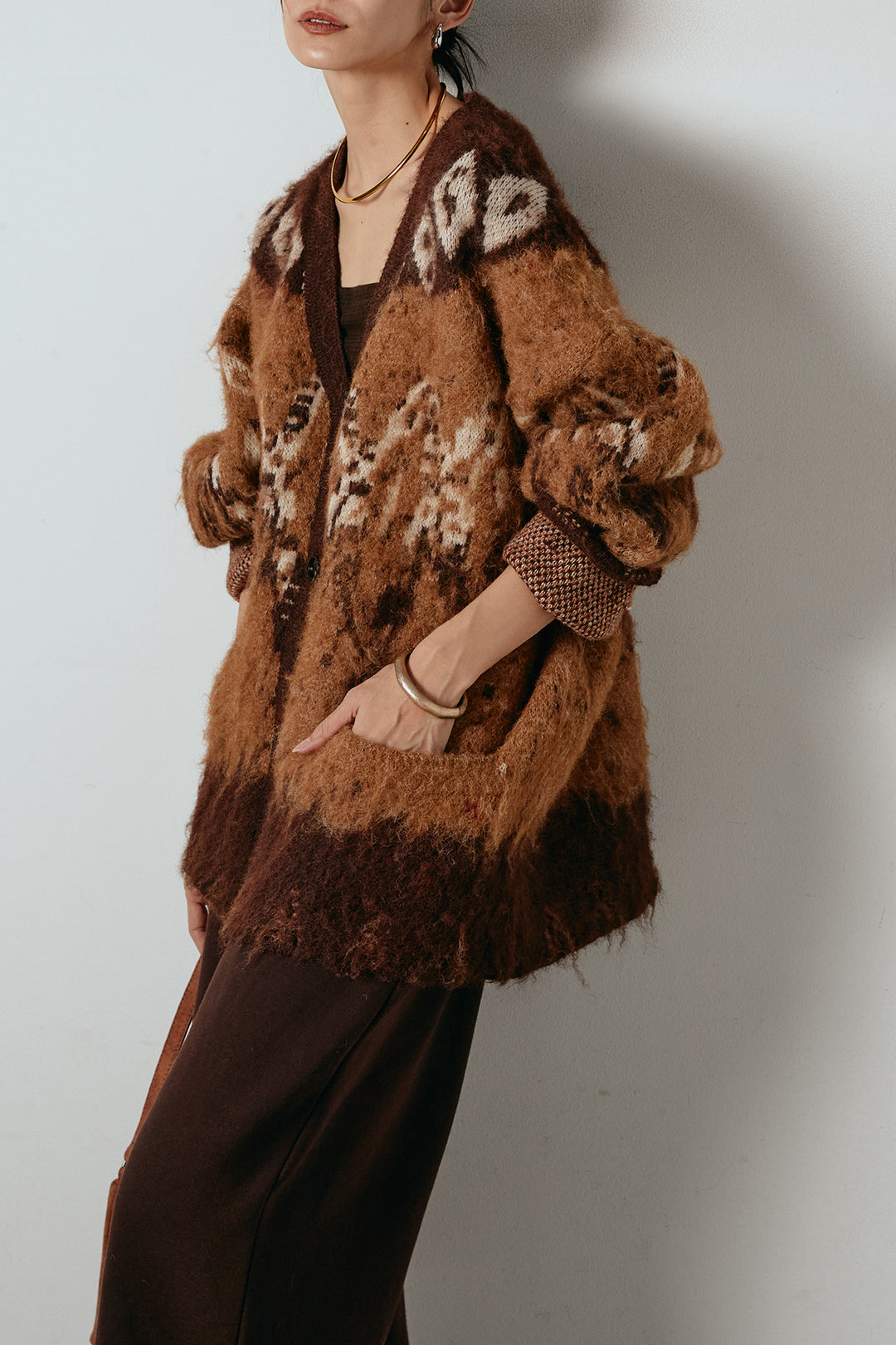 [SET]シャギーニュアンス柄ニットカーディガン+裏起毛スウェットワイドパンツ(2set)