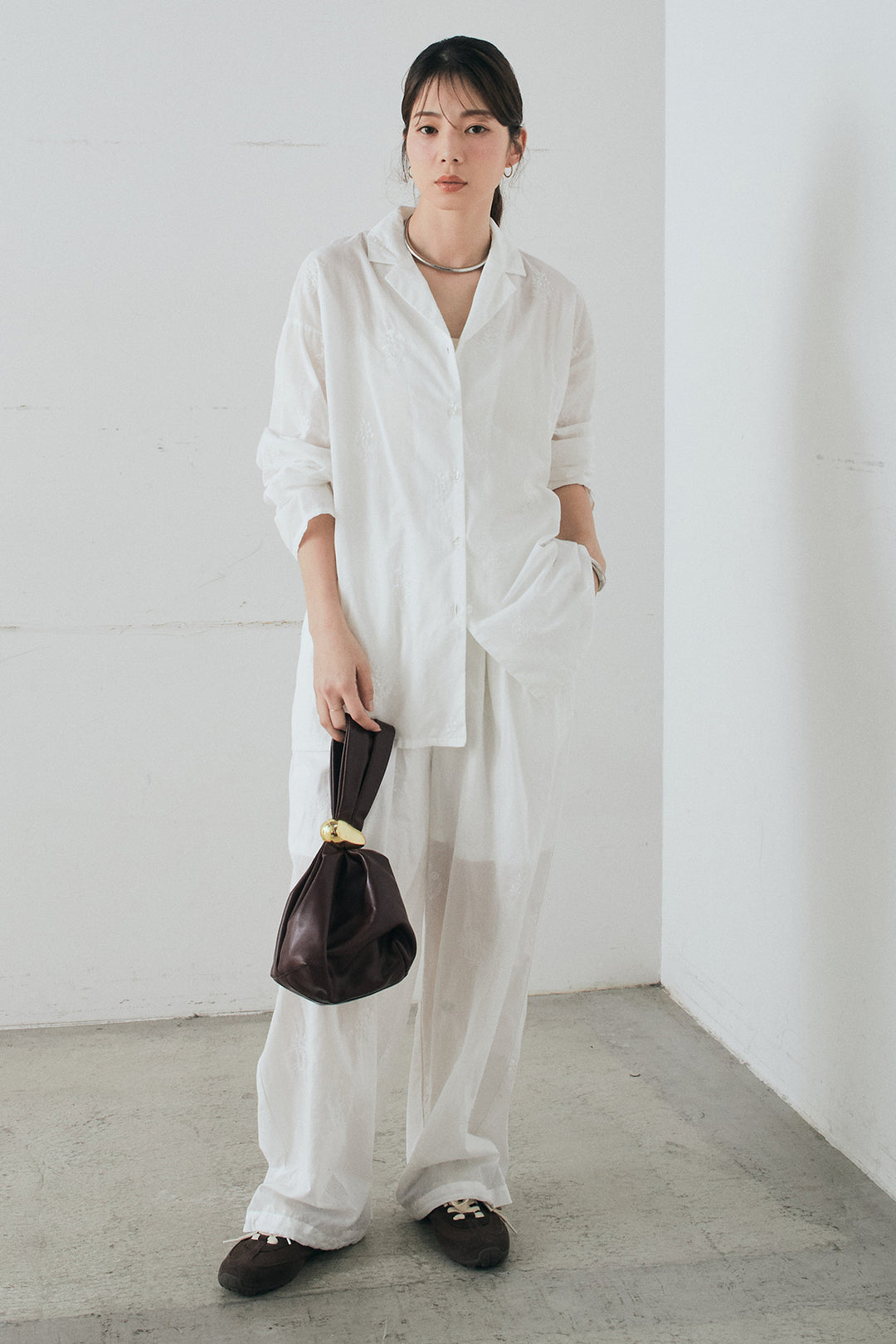 [SET]刺繍ローンオープンカラーシャツ+刺繍ローンタックイージーパンツ(2set)