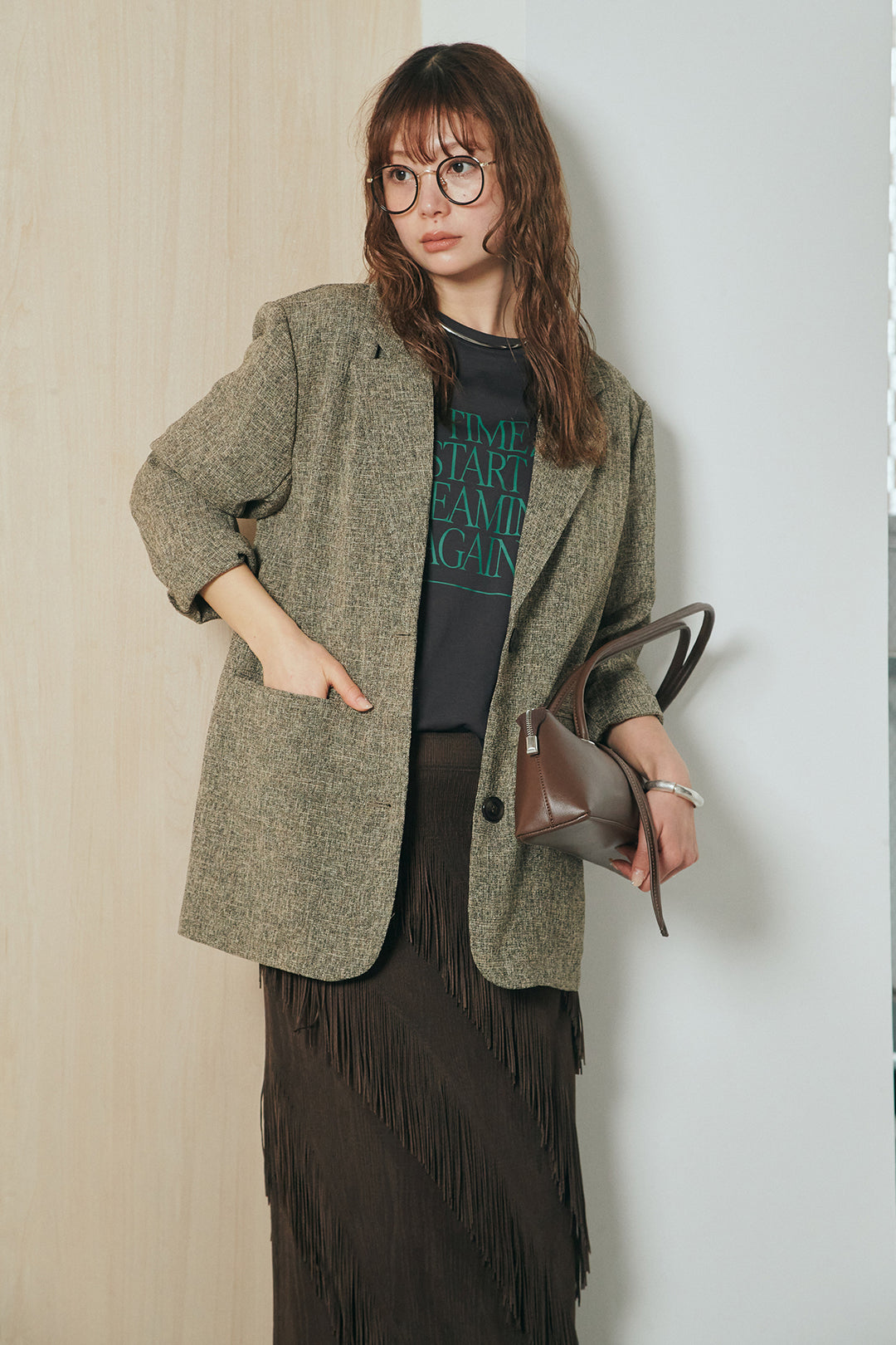 [SET]ミックスツイードベルト付きジャケット+斜めフリンジデザインスカート(2set)