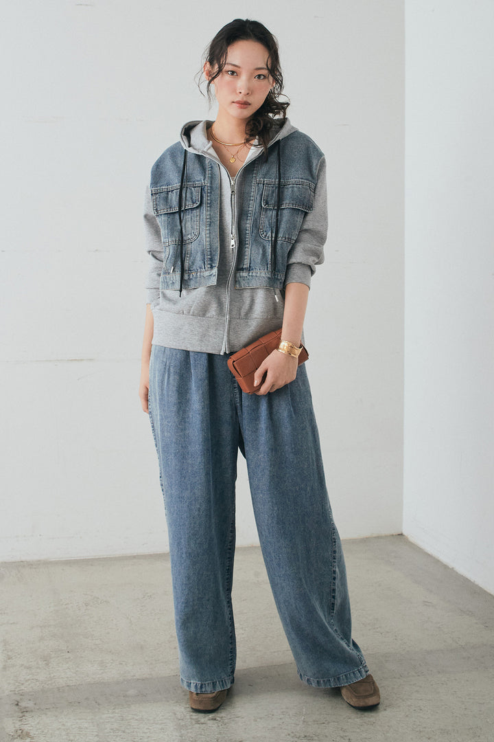 [SET]デニム切替ポンチダブルジップパーカー+テンセルデニムイージーワイドパンツ(2set)