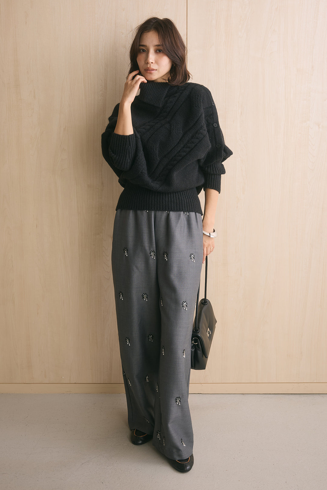 [SET]アシメカラーボタンケーブルニット+総ビーズ刺繍パンツ(2set)