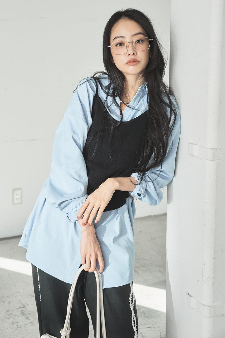 [SET]ニットキャミ付きシャツ+刺繡テープラインパンツ(2set)