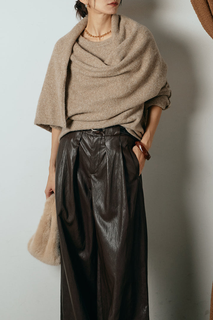 [SET]ネック巻きデザインニットトップス+ベルト付きレザーライクタックパンツ(2set)