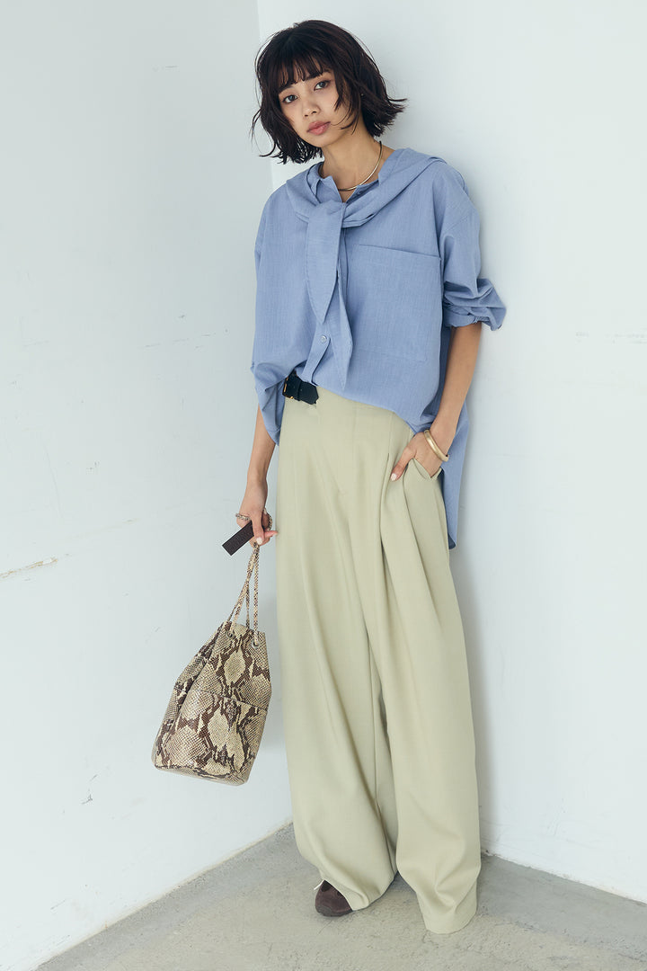 [SET]無地タイ付フーディーBIGシャツ+サイドベルトタック入りスラックス(2set)