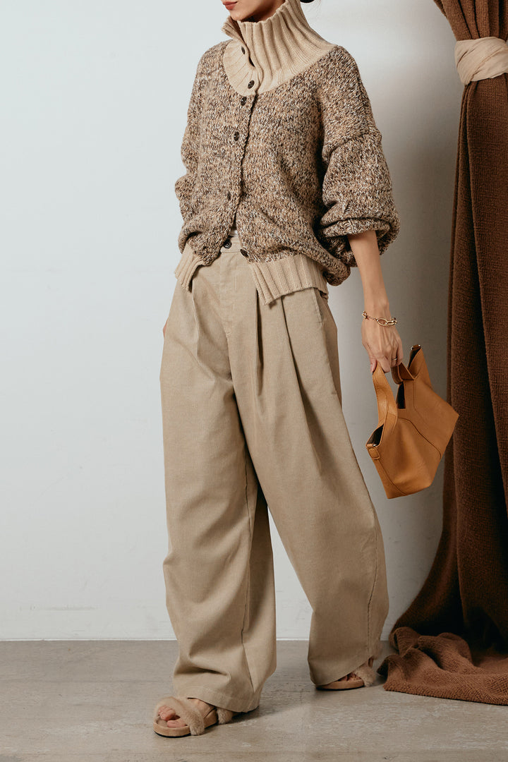 [SET]ハイネックミックスニットカーディガン+フロントタック入りコーデュロイパンツ(2set)