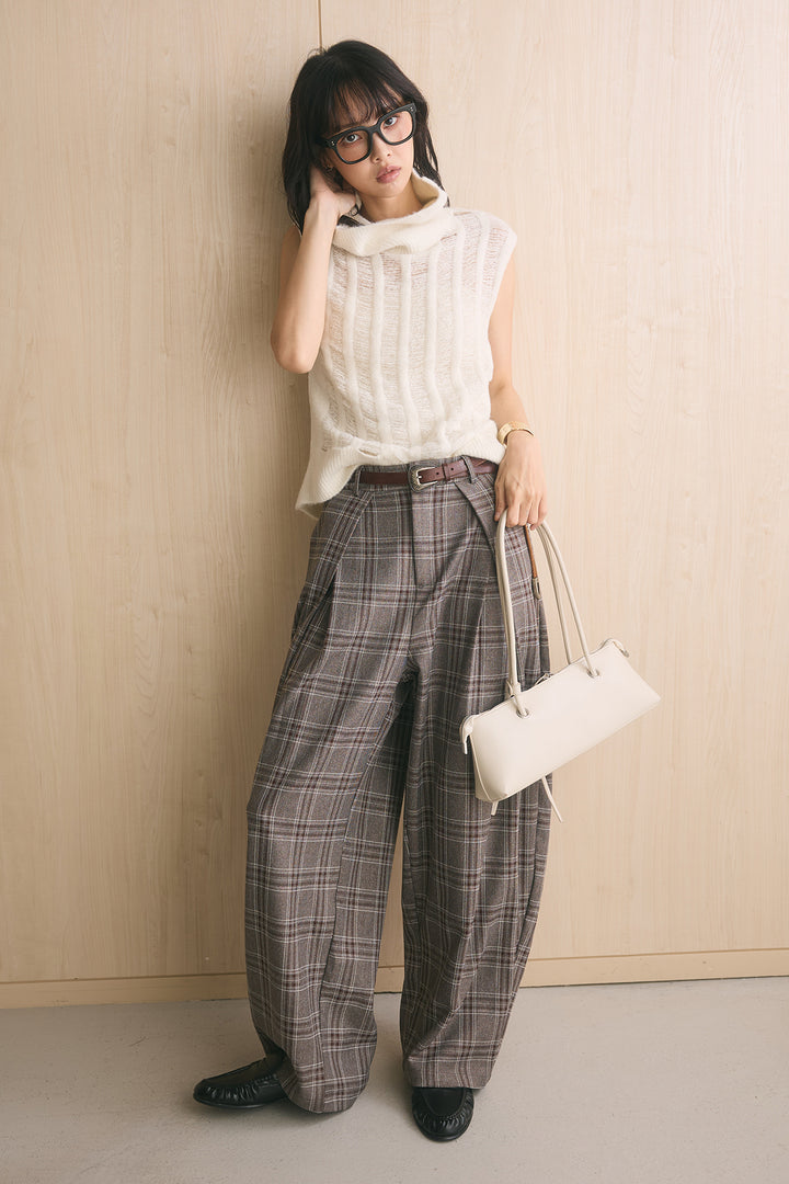 [SET]ハイルーズタートル透かし編みニットベスト+ブリティッシュチェックバレルパンツ(2set)