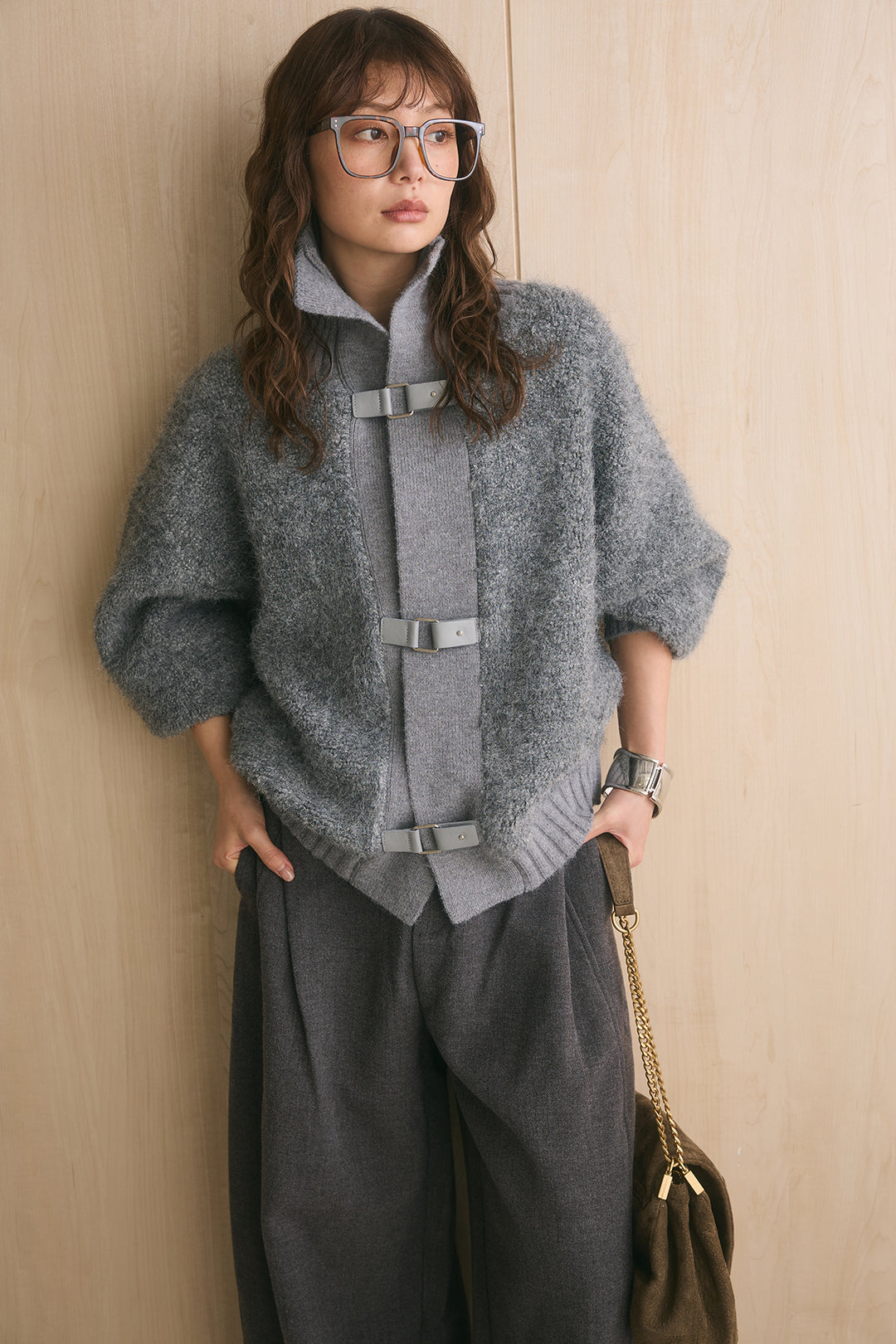 [SET]ブークレーハイネックニットジャケット+ポーチベルト付きカーブパンツ(2set)