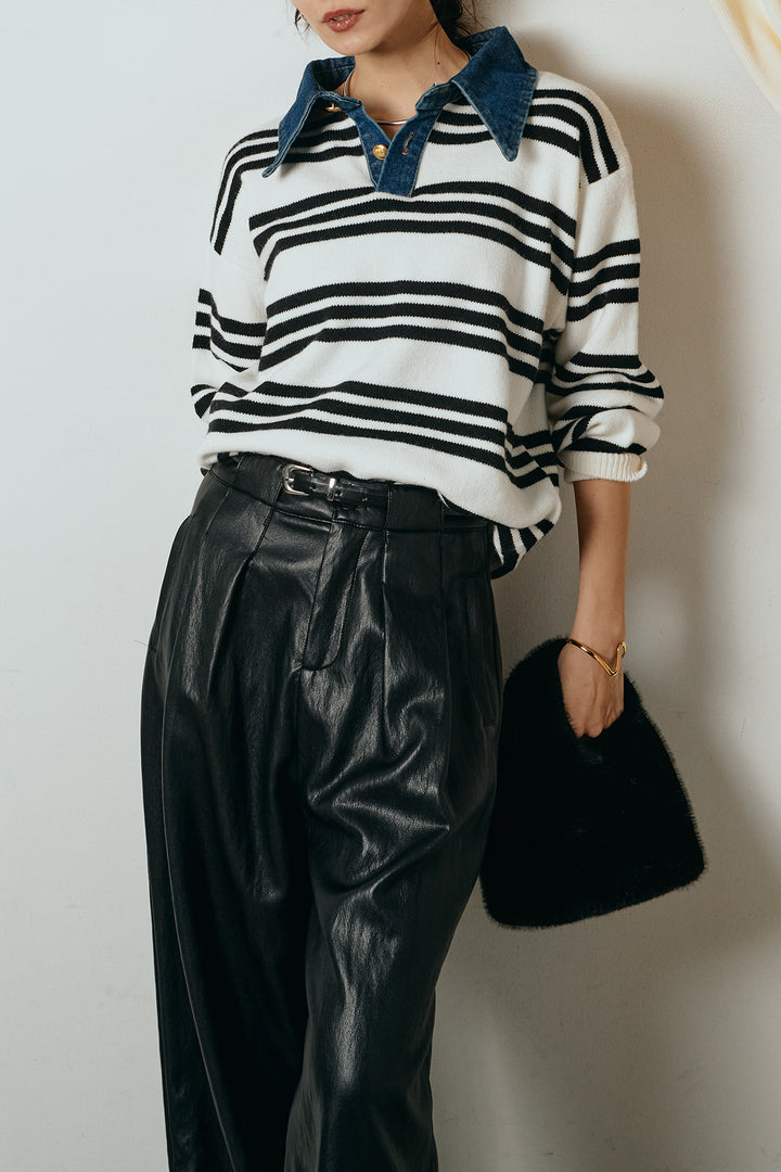 [SET]デニムレイヤード風ランダムボーダーニットプルオーバー+ベルト付きレザーライクタックパンツ(2set)