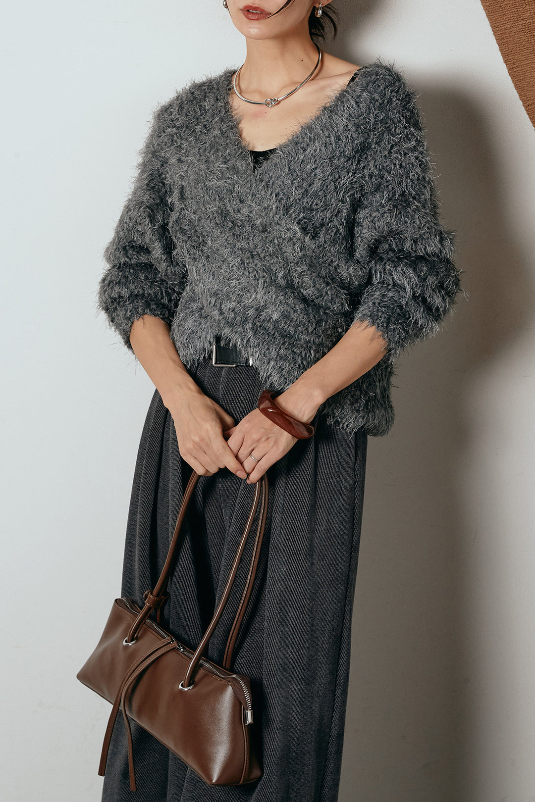 [SET]シャギークロスニットトップス+ベルトループコーデュロイワイドパンツ(2set)